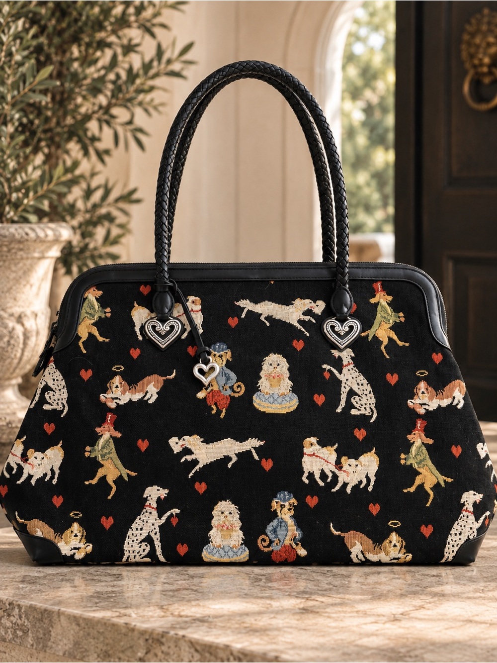 Vintage Brighton Dog Tapestry Weekender Tote Bag Heart Charms Pristine